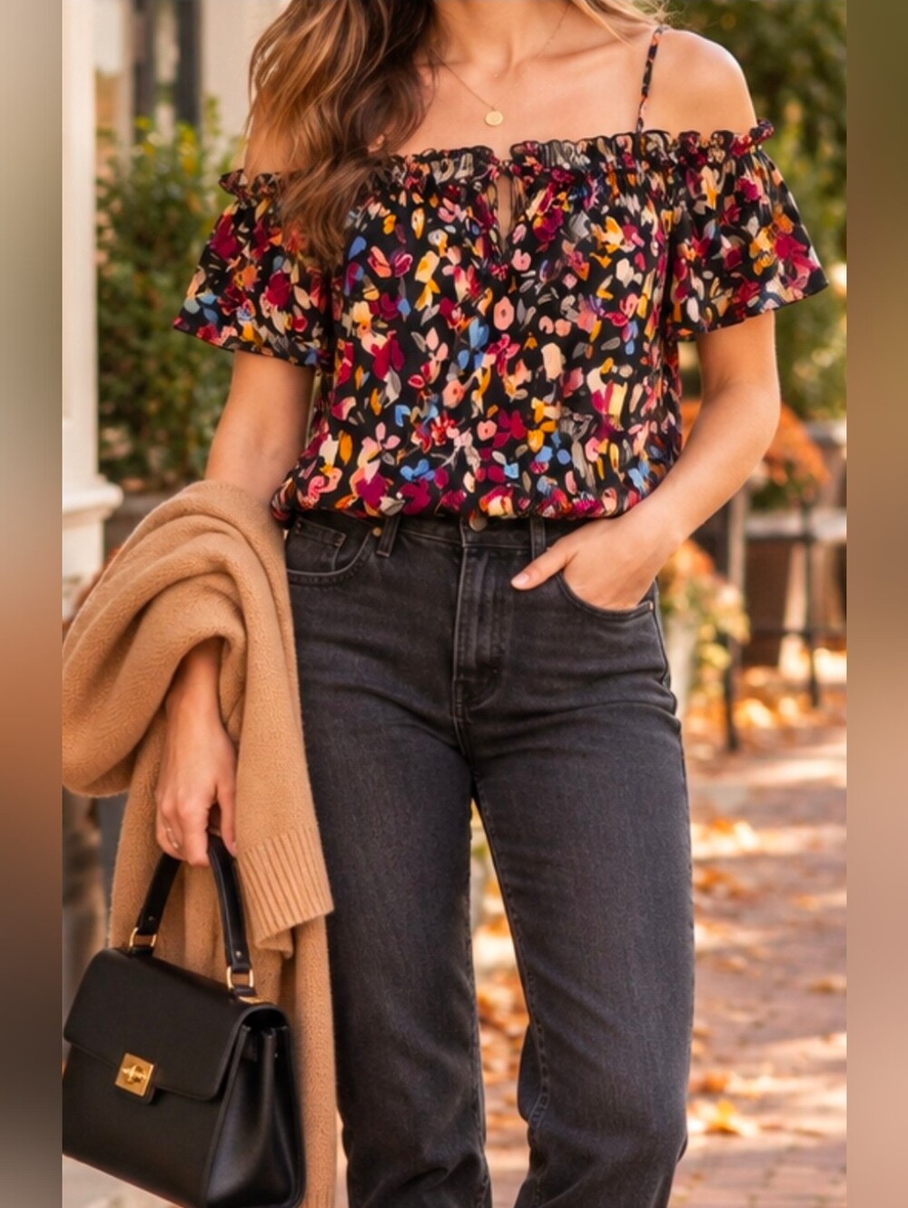 Magazine Floral Off Shoulder Peasant Top Women’s Medium Black Multicolor Blouse